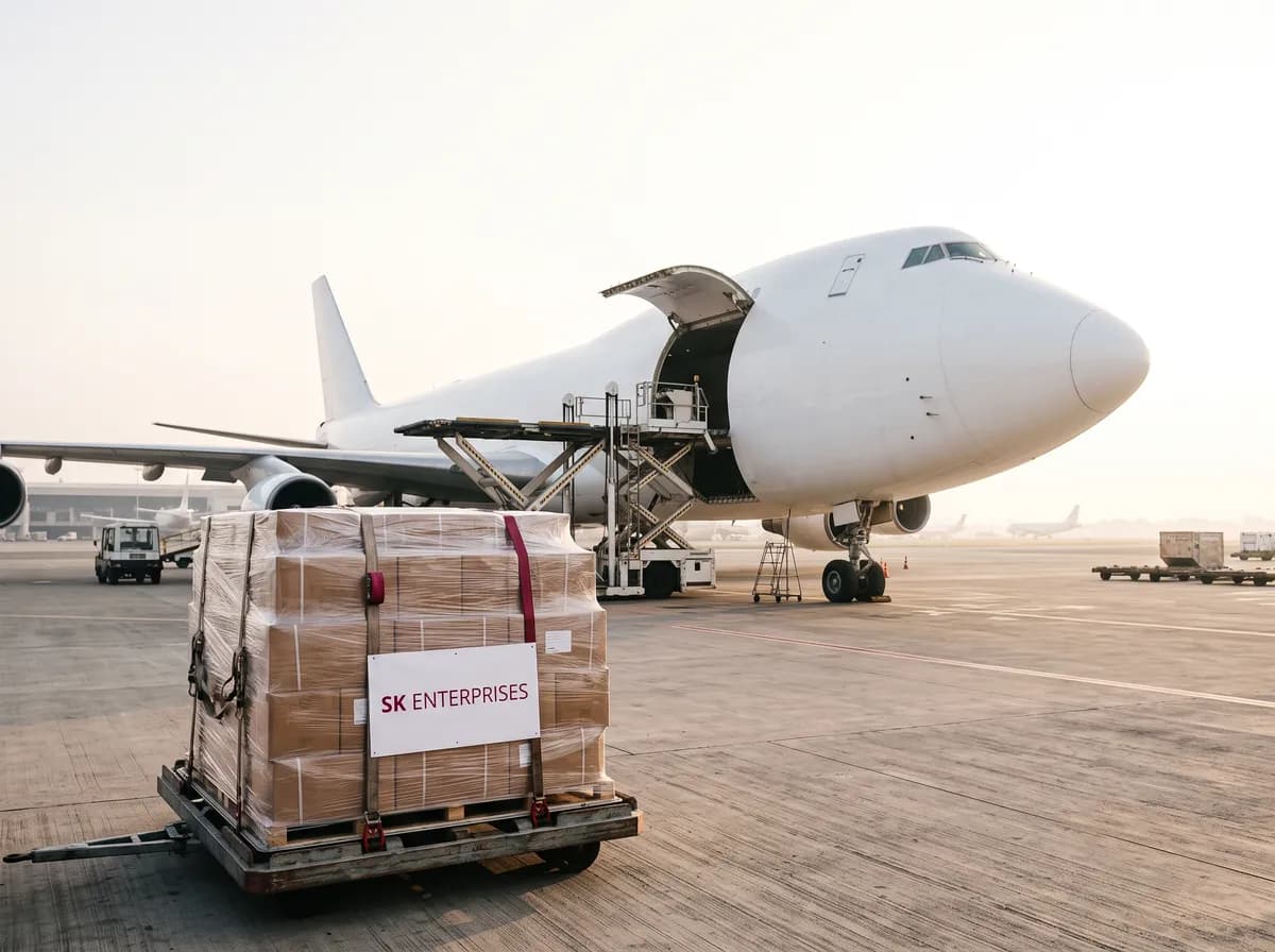 SK Enterprises cargo pallet being loaded onto a freight aircraft