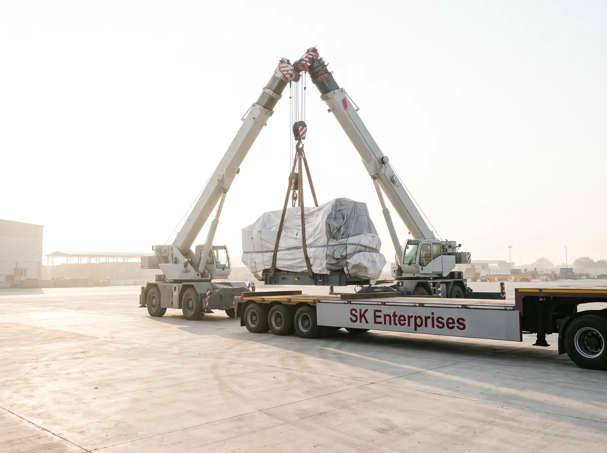 Cranes lifting wrapped industrial machinery onto an SK Enterprises low-bed trailer