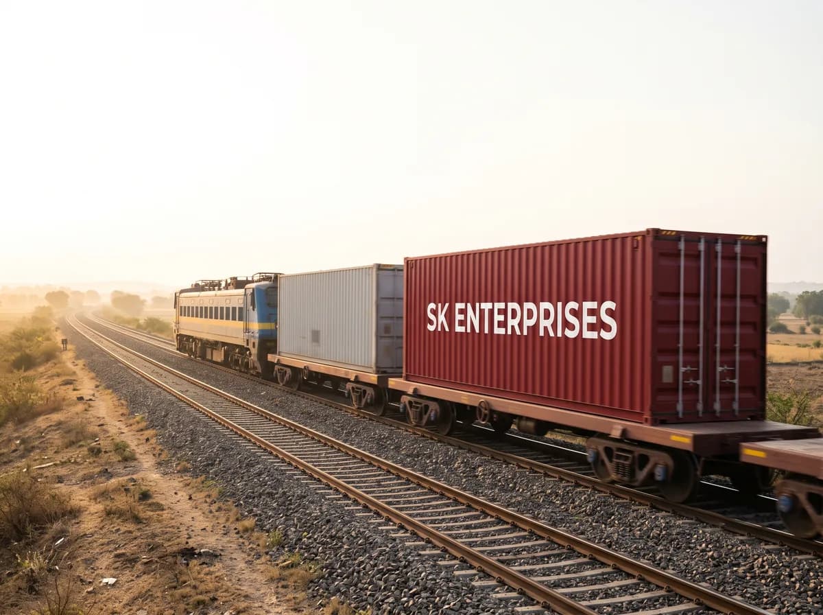 Freight train carrying an SK Enterprises container through open countryside