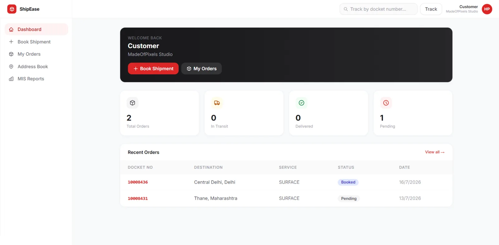 ShipEase client portal dashboard with bookings, order status, and live shipment tracking